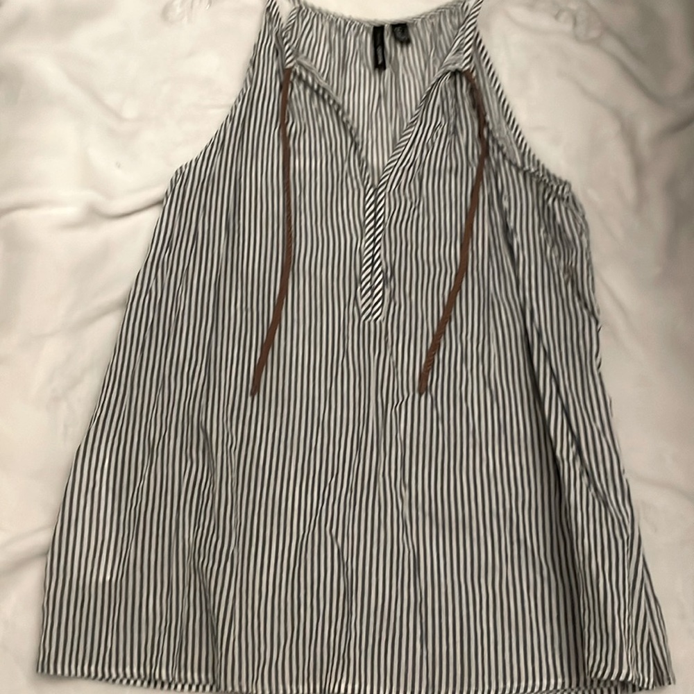 Mango Blue White Seersucker Halter Top Blue Brown Braided